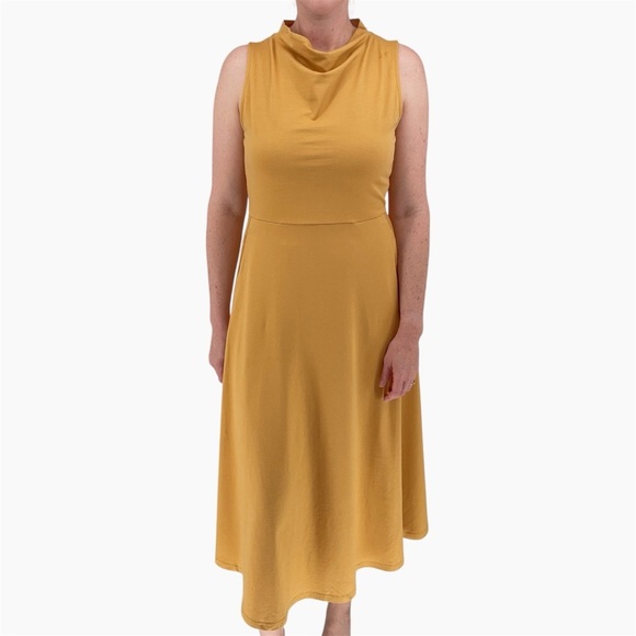 PACT | Organic Cotton Fit & Flare Mock Neck Midi Dress in Gold | Sz M - Picture 3 of 13